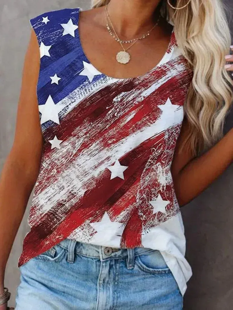 Women Sleeveless Scoop Neck  Star Printed Top