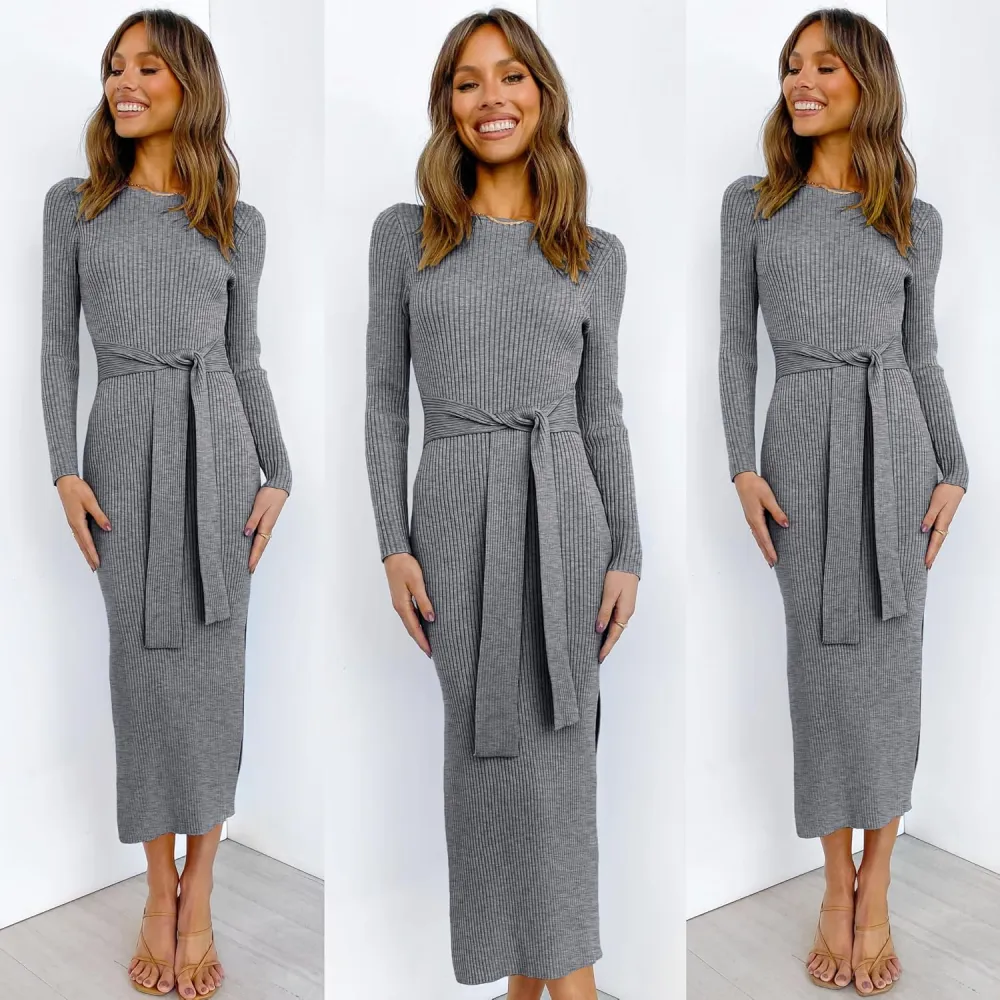 Long Sleeve Sweater Dress Crew Neck Slim Fit Slit Tie Waist 2024 Ribbed Knit Bodycon Midi Dress Fall Outfits