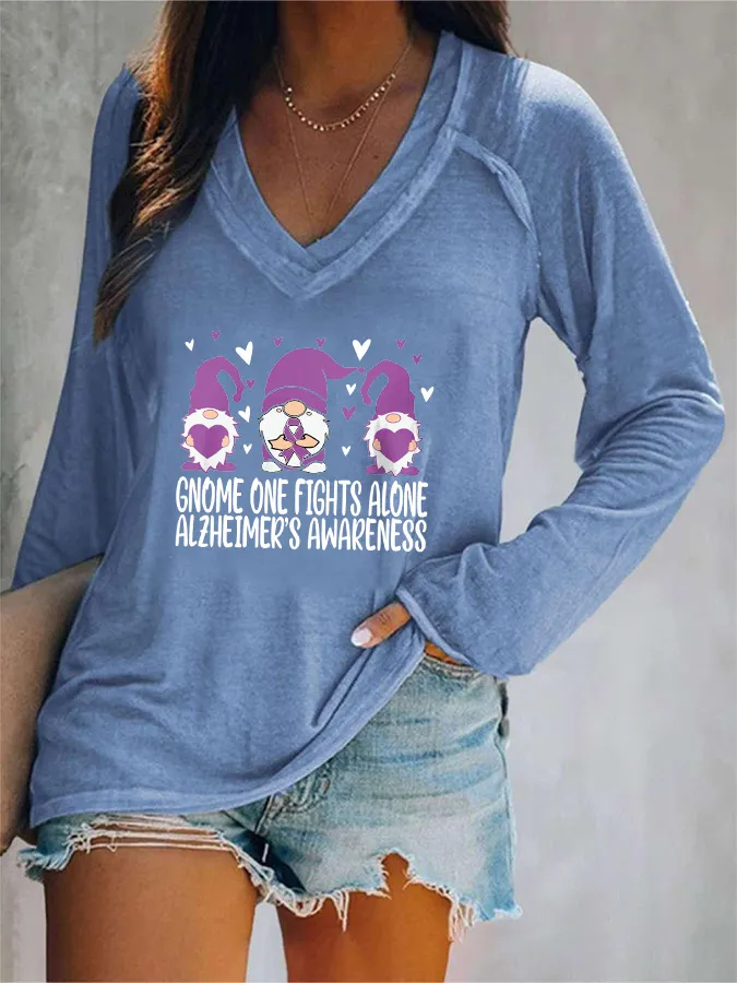 Women'S Gnome One Fights Alone Alzheimer'S Awareness V-Neck T-Shirt