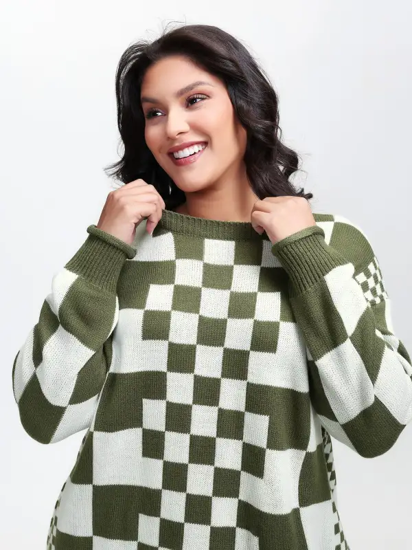 Colorblock Checkered Print Pullover
