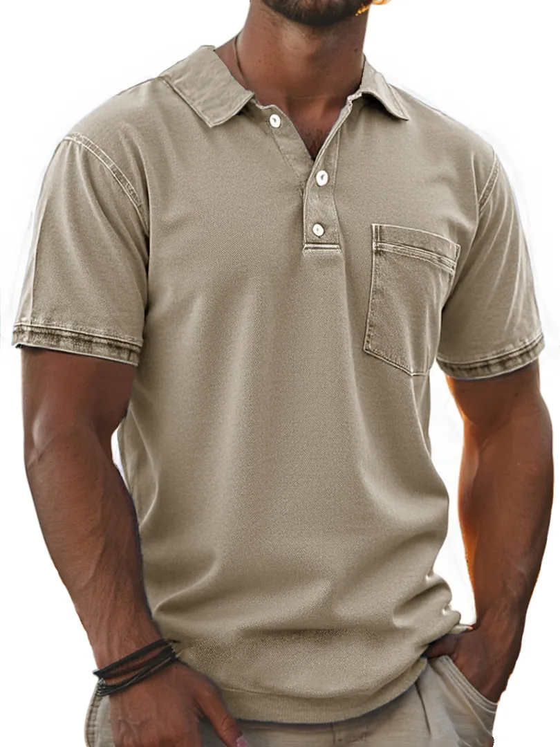 Men's Stylish Retro Pure Cotton Distressed Fabric Pocket Lapel Polo Shirt 