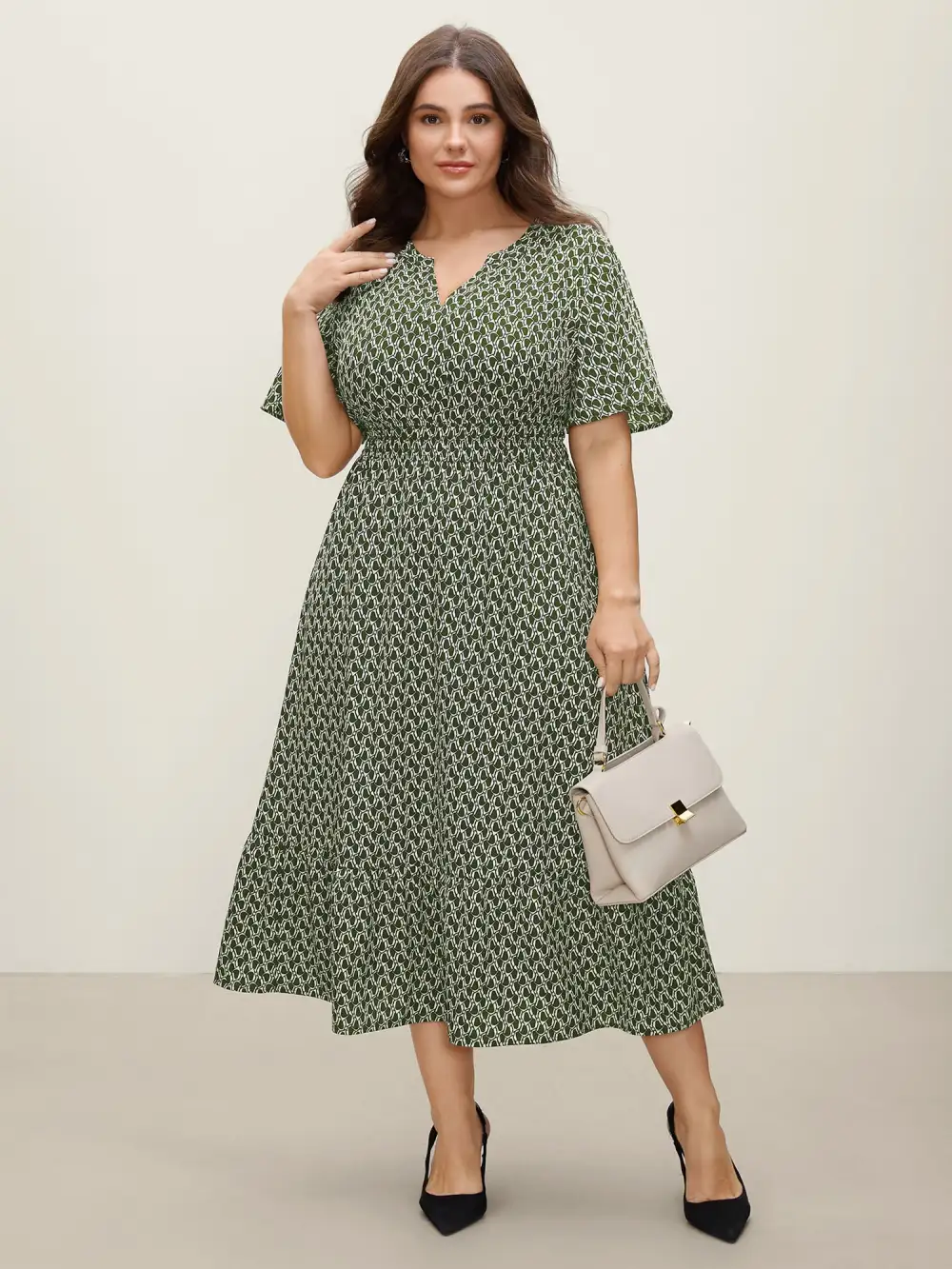 Geometric Print Waist-Cinched Tiered Midi Dress