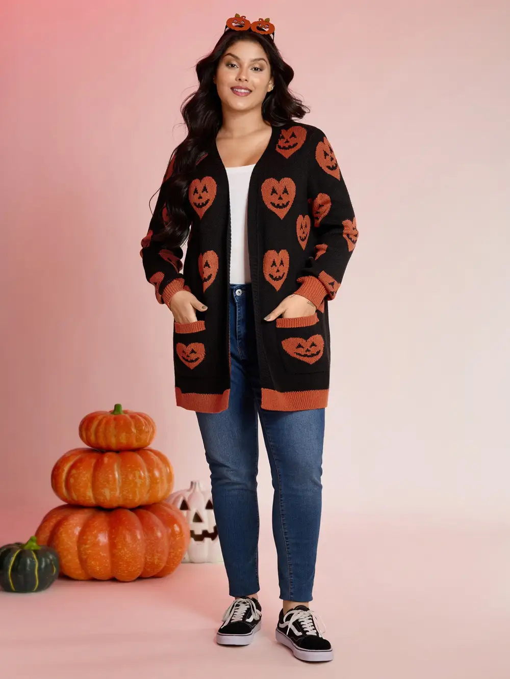 Pumpkin Hearts Halloween Pockets Cardigan