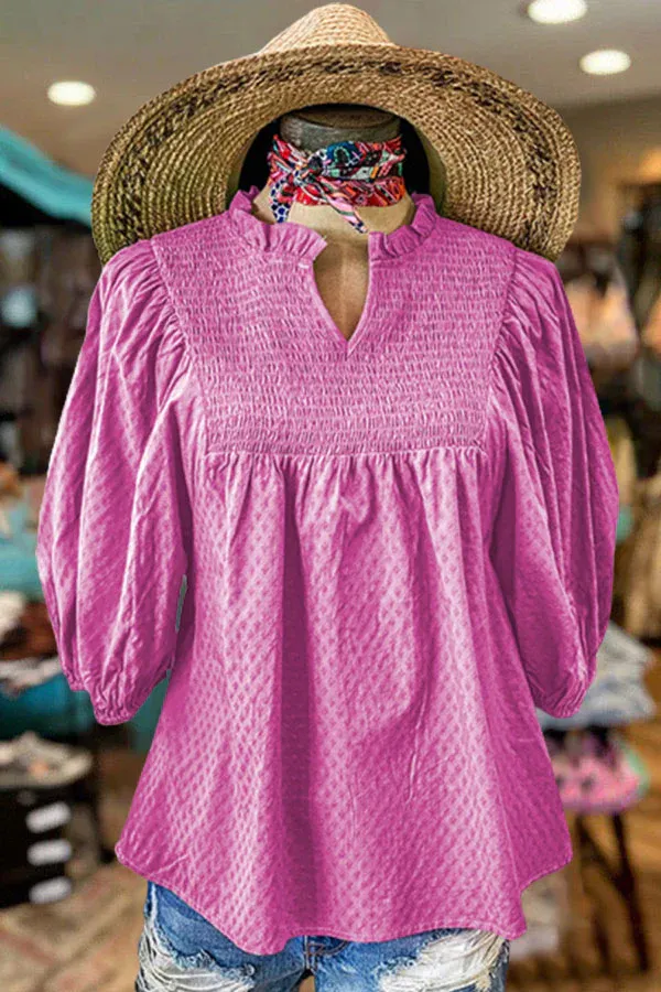 Casual Ruffle Smocked V-Neck Blouse