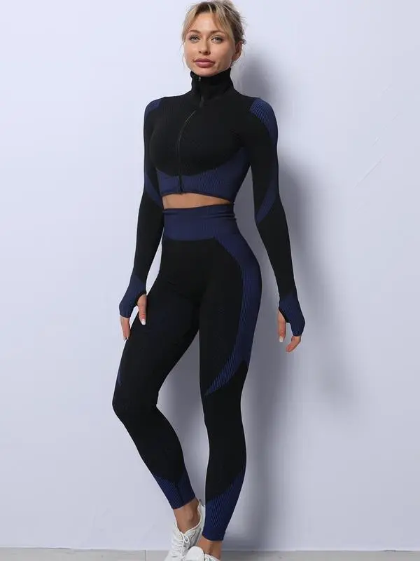 Women's Colorblock Zip Up Shapewear Set, Casual Comfy Crop Jacket & High Waist Sports Yoga Pants & Bra for Outdoor Wear, Fitness Training Clothes