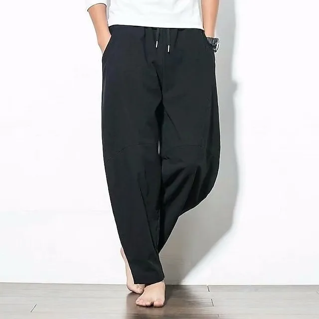 Men's Linen Pants Trousers Summer Pants Bloomers Beach Pants Pocket Drawstring Elastic Waist Plain Lightweight Ankle-Length Daily Yoga Fashion Casual Loose Fit Black White