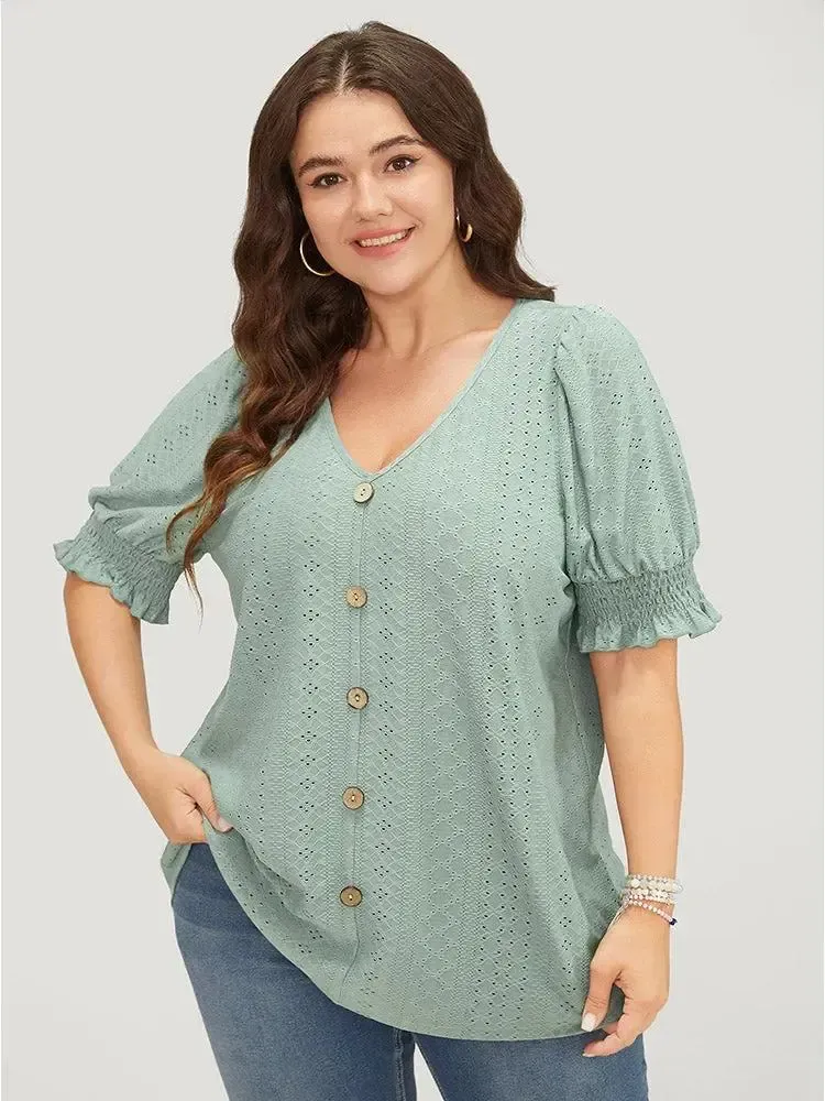 Plain Broderie Anglaise Shirred Puff Sleeve Button Detail T-shirt