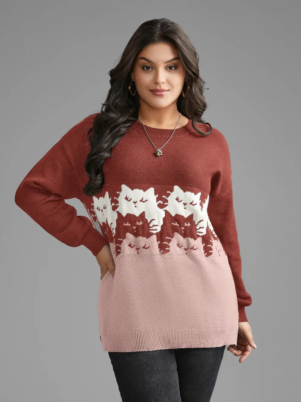 Cat Contrast Drop Shoulder Pullover