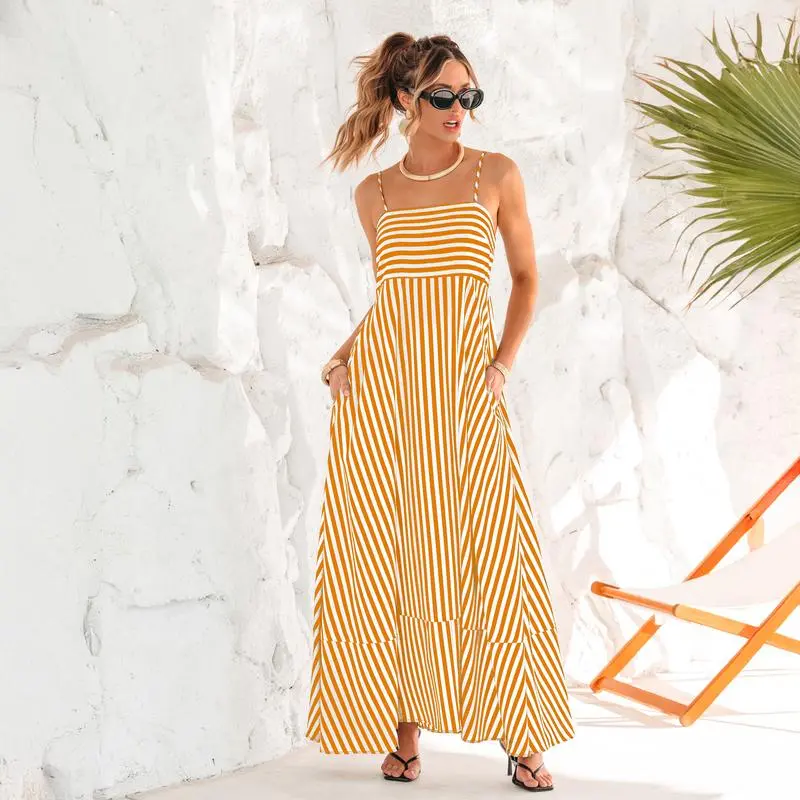 Striped Maxi Dress for Women – Square Neck Sleeveless Sundress, Casual Summer Outfit for Beach, Vacation, or Party