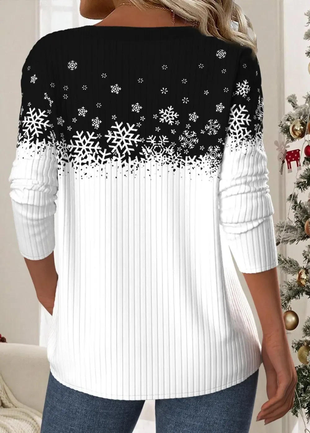 Christmas Black Patchwork Snowflake Print Long Sleeve T Shirt