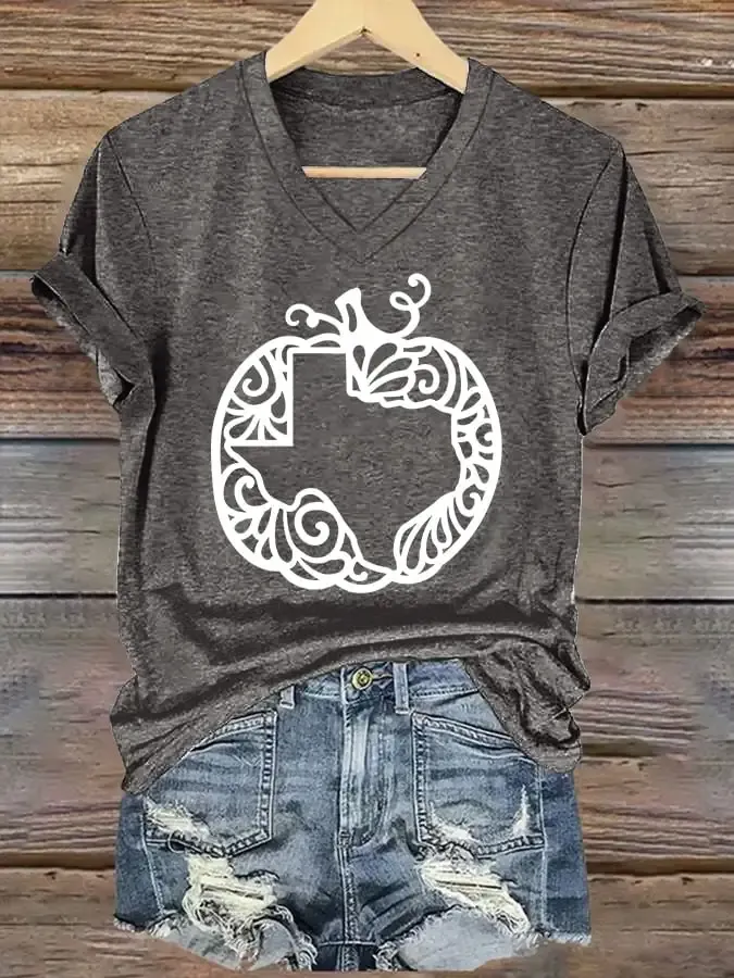 V-Neck Retro Texas Strong Fall Pumpkins Print T-Shirt