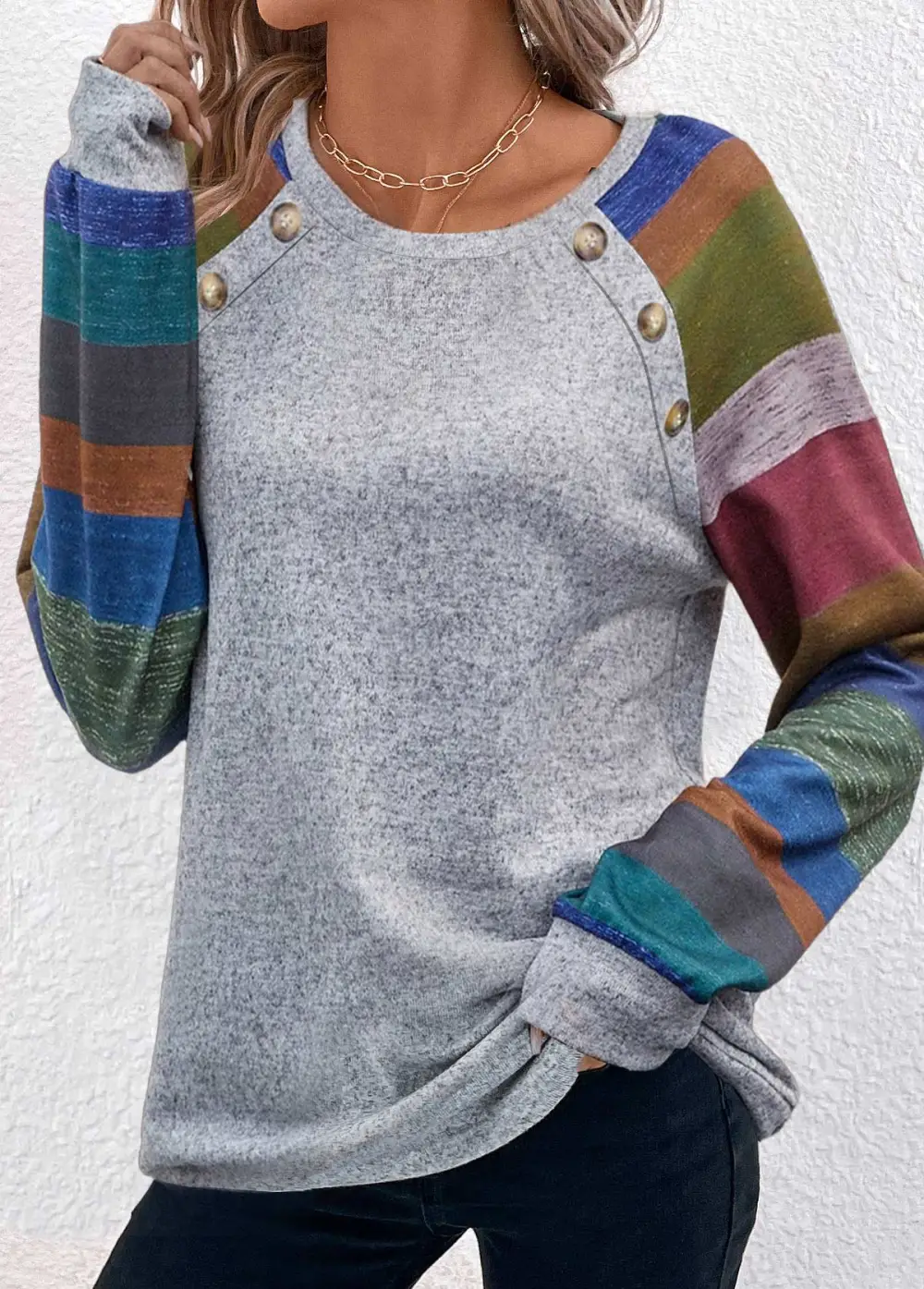 Light Grey Marl Button Striped T Shirt