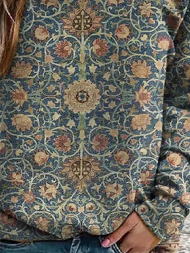 Women's Sweatshirt Pullover Vintage Sports Fashion Red Blue Green Floral Vintage Ethnic Street Casual Round Neck Long Sleeve Top Micro-elastic Fall & Winter