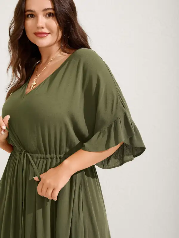 Waist-Defining Tie Ruffled Sleeve Midi Dress