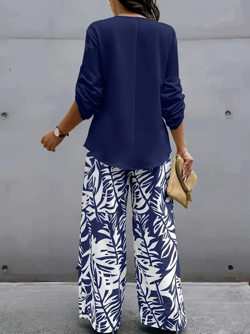 Spring/Summer Elegant Turtleneck Long Sleeve Top + Long Pants Set