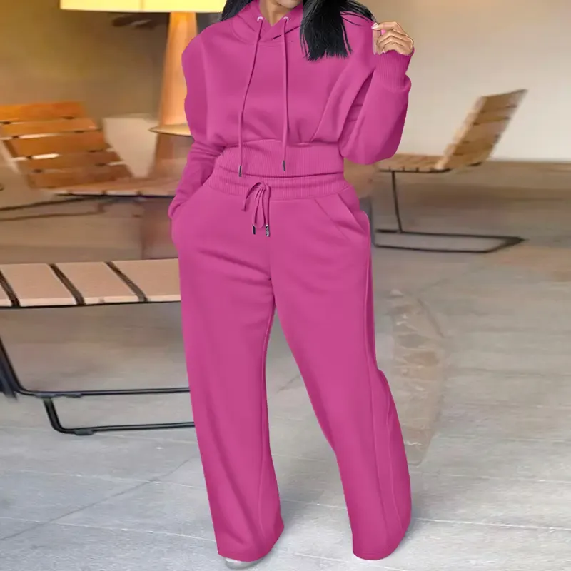 Hooded Long Sleeve Sweatshirt and Casual Wide Leg Sweatpants Set