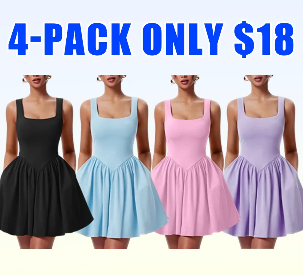 Women's Summer Sleeveless Square Neck A-line Ruffle Hem Mini Tank Dress With Pockets