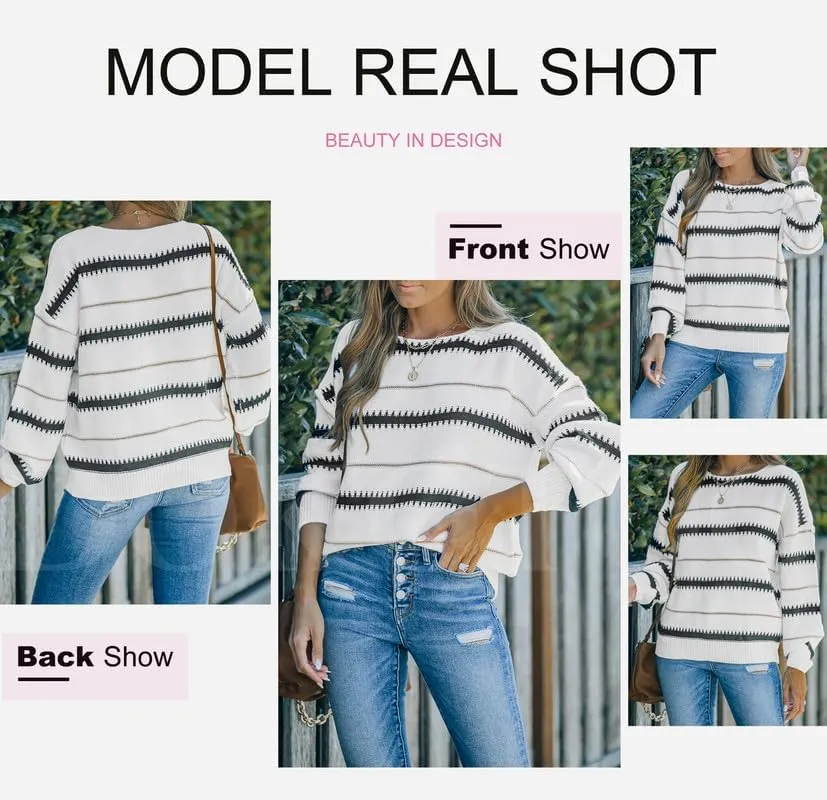 Womens Color Block Sweaters Long Sleeve Crewneck Pullover Knit Jumper Tops
