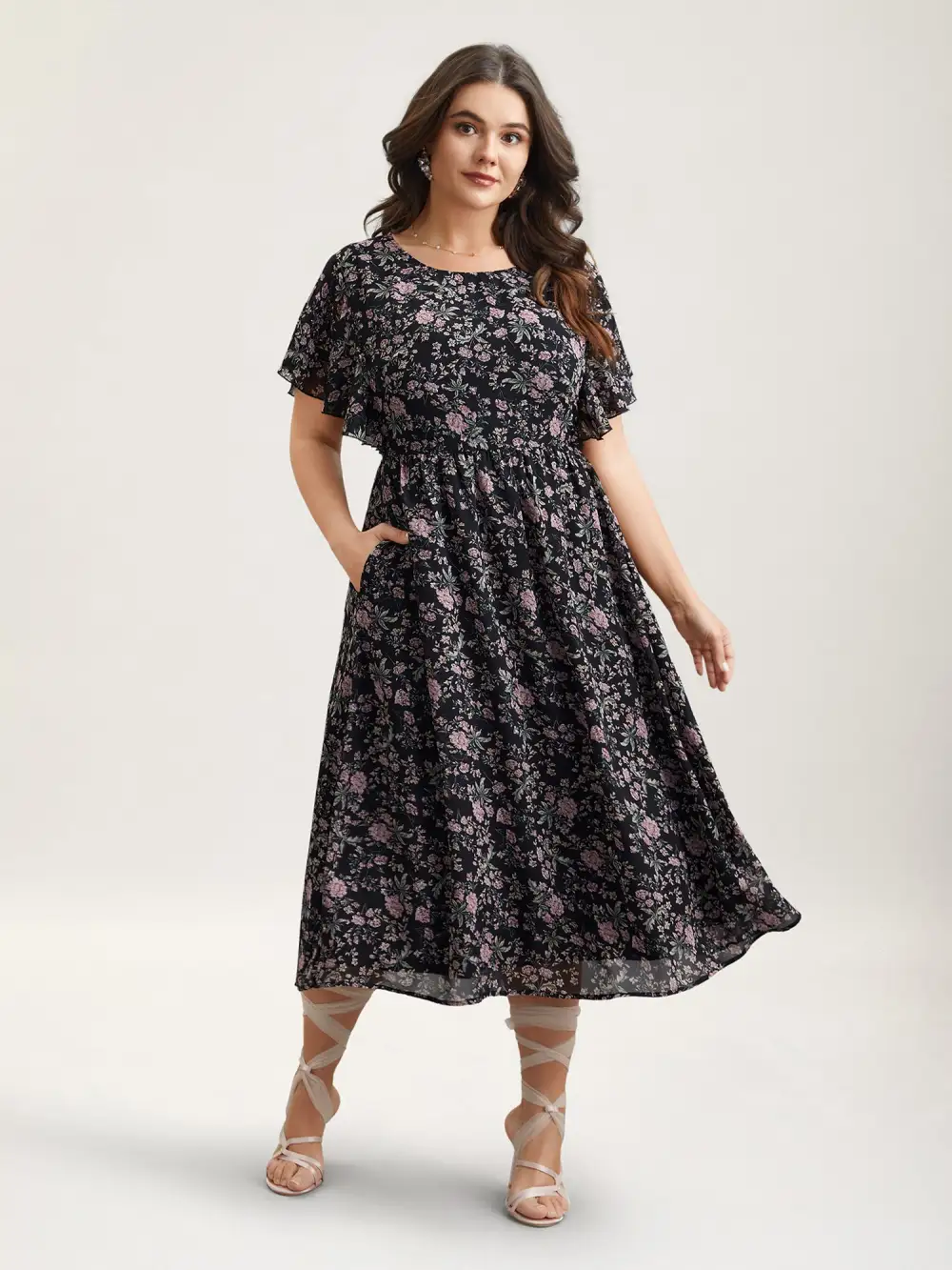 Chiffon Floral Print Ruffled Midi Dress