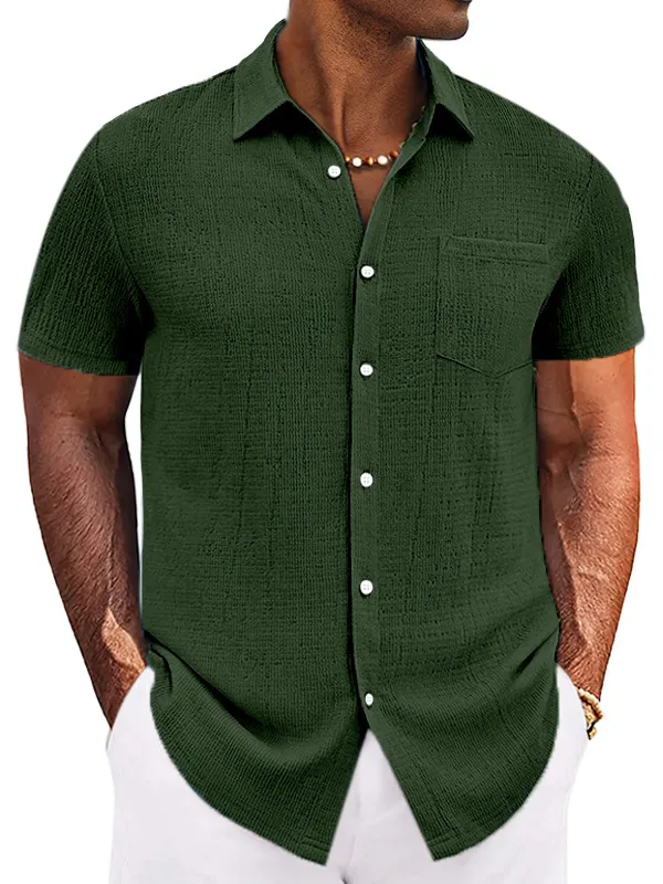 Men's Casual Simple Solid Color Texture Short-sleeved Button-down Shirt