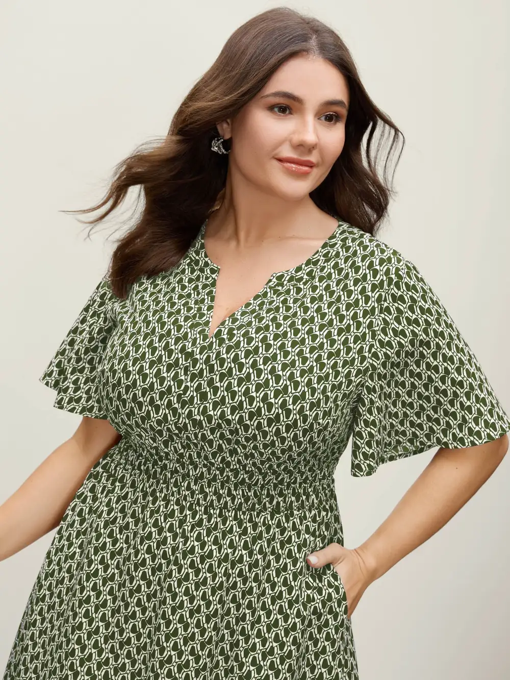 Geometric Print Waist-Cinched Tiered Midi Dress