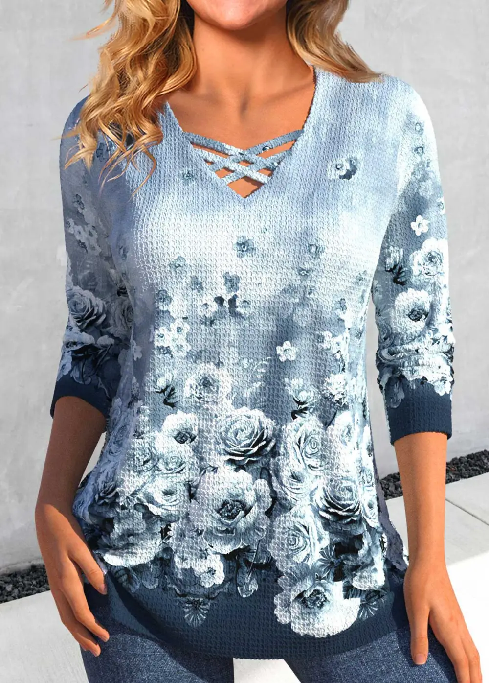 Peacock Blue Criss Cross Floral Print T Shirt