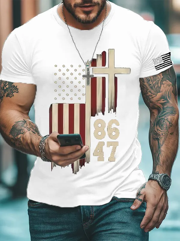Men'S T-Shirt Men'S Retro 8647 Print Casual Round Neck T-Shirt