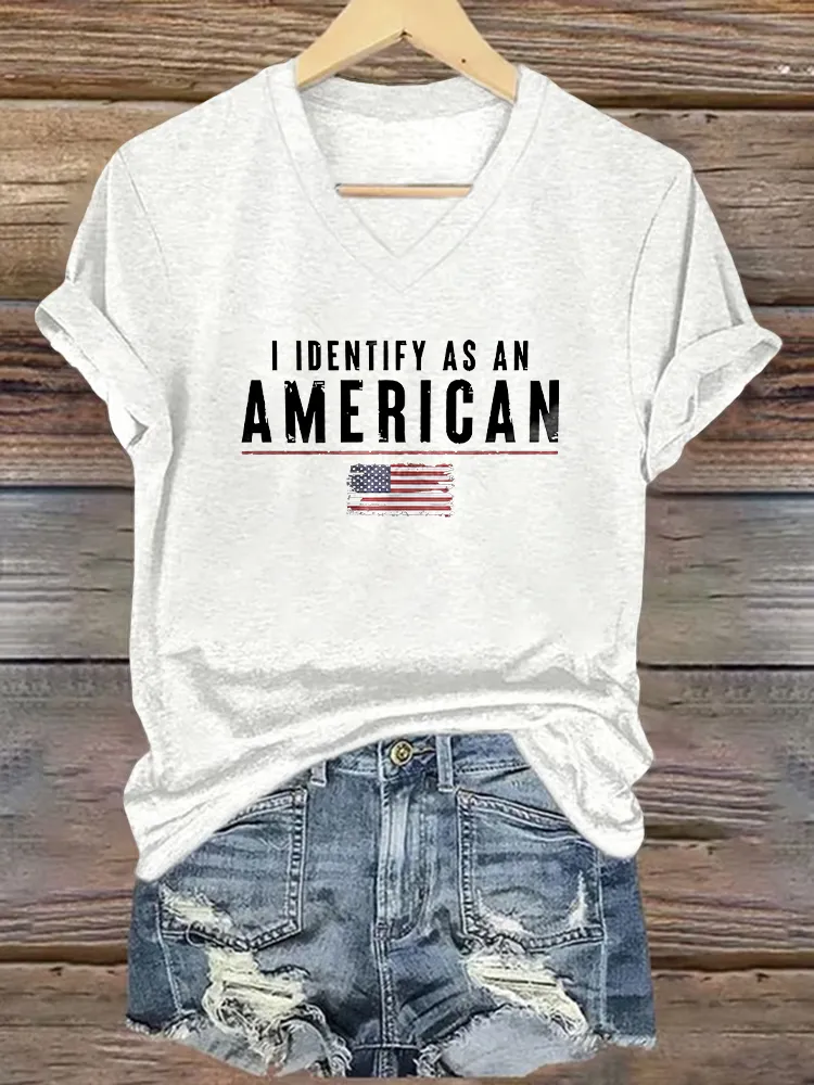 Women's I Dentify As An America Print Short Sleeve Round Neck Cotton T-Shirt