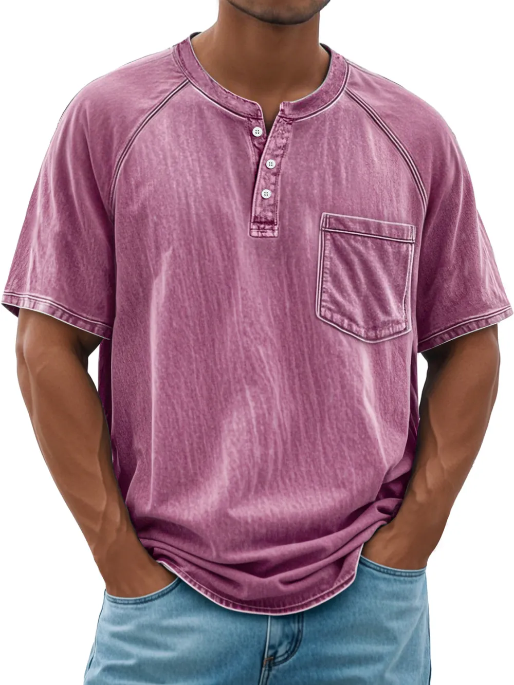 Men's Retro Everyday Raglan Pocket Casual Short Sleeve Henley Shirt