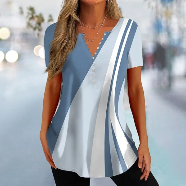 Women's T shirt Tee Henley Shirt Color Block Daily Weekend Black Pink Blue Button Print Short Sleeve Basic V Neck Regular Fit