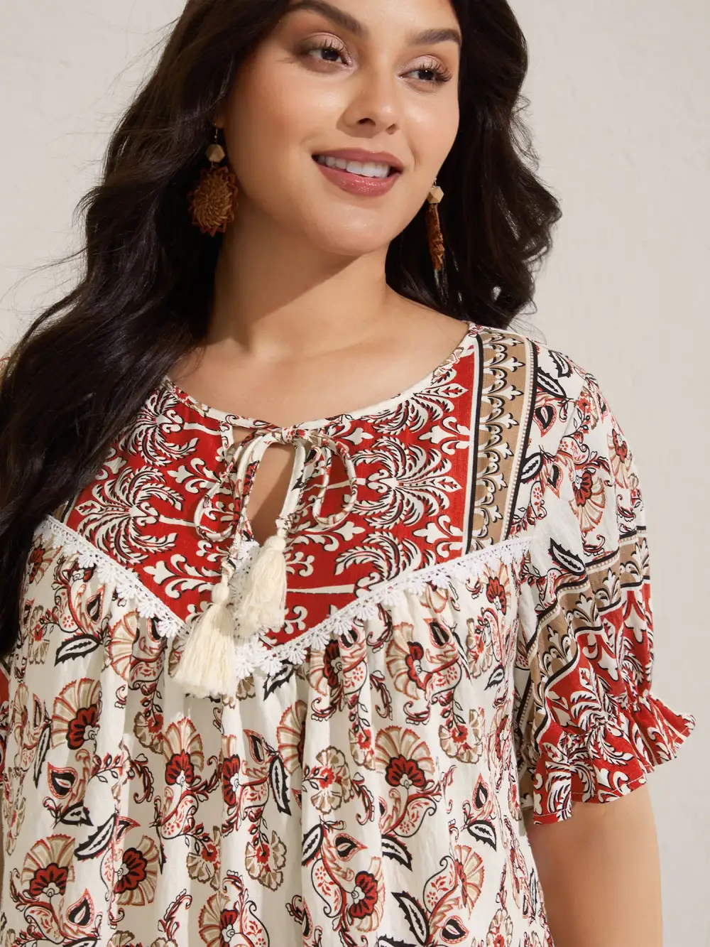 Boho Floral Print Neck Tassels Blouse