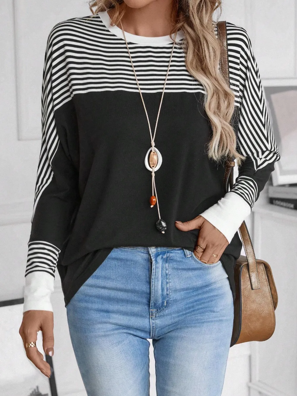 Striped Print Batwing Sleeve Tee