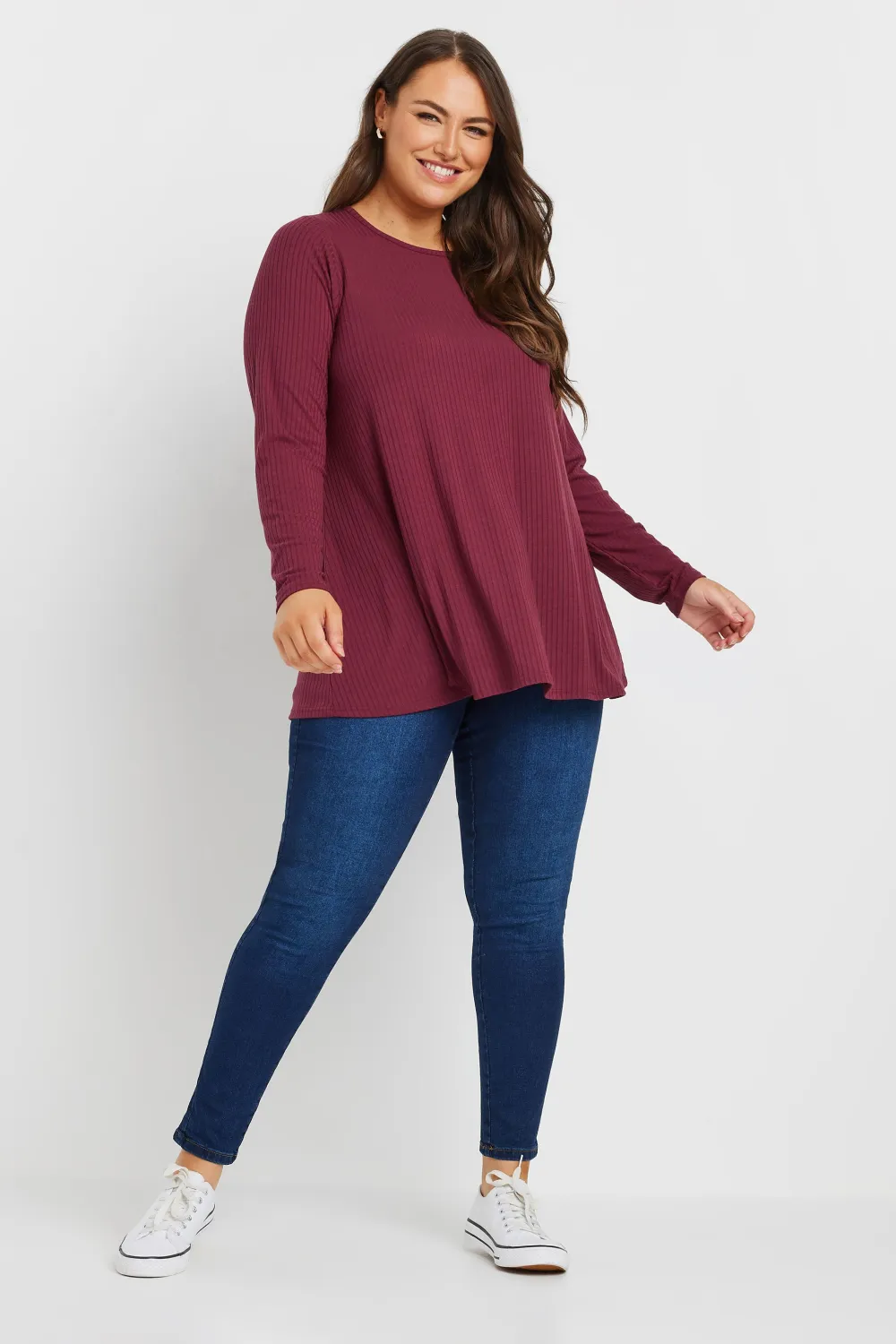 YOURS Curve Black Long Sleeve Ribbed Swing Top