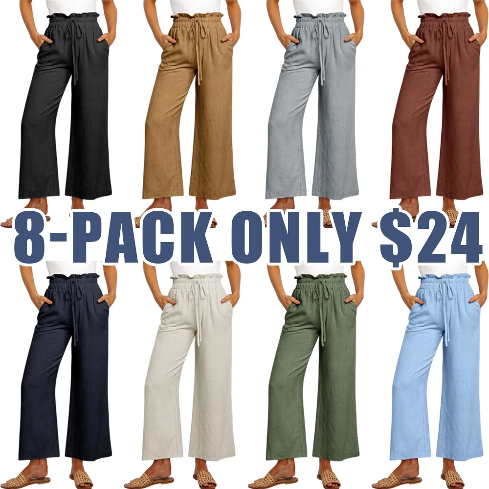 Women's Linen Wide Leg Pants – High Waist Drawstring Trousers with Pockets