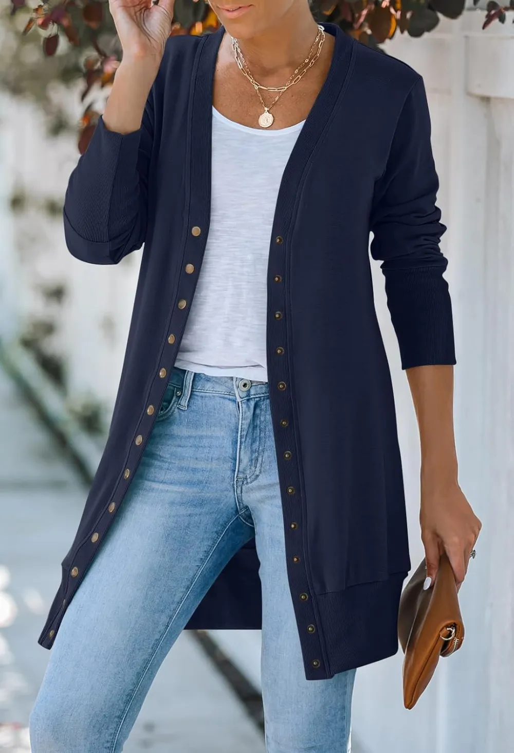 Women's 2024 Fall Long Sleeve Snap Button Down Solid Color Knit Ribbed Neckline Cardigans