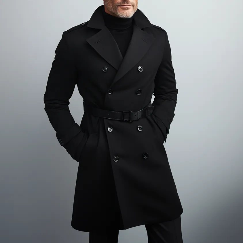 Men's Business Lapel Collar Double Breasted Belt Trench Coat