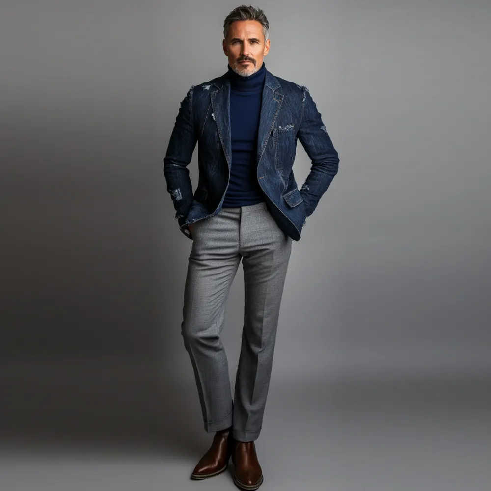 Men's Denim Ripped Notch Lapel One Button Jacket