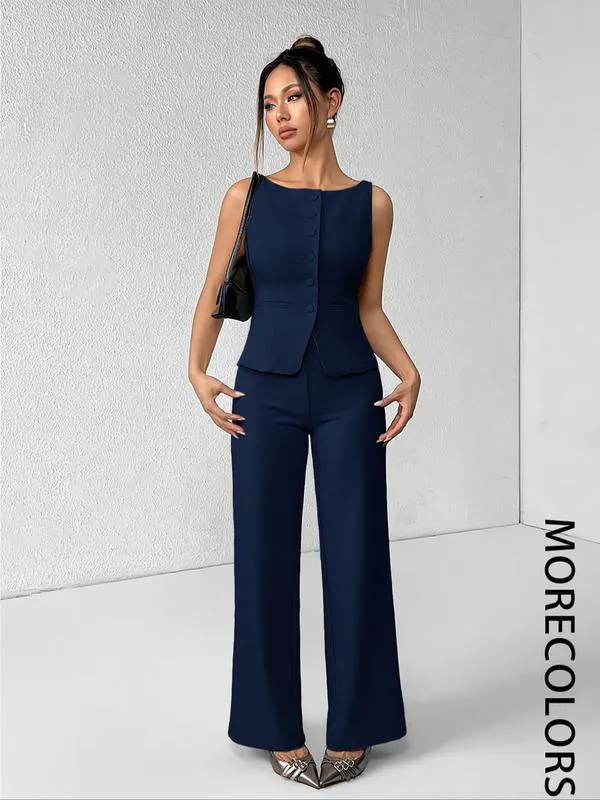 Women's Summer Two-Piece Set – Button Tank Top & Wide Leg Pants
