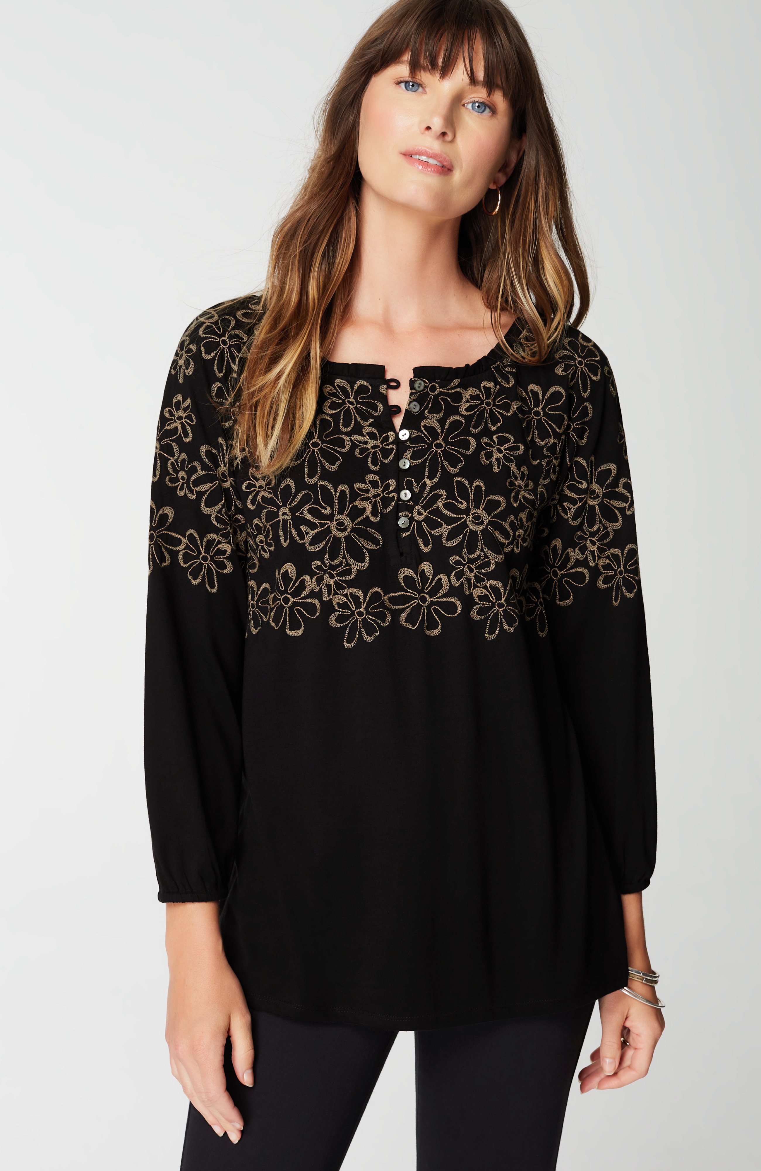Floral-Embroidered Raglan-Sleeve Top