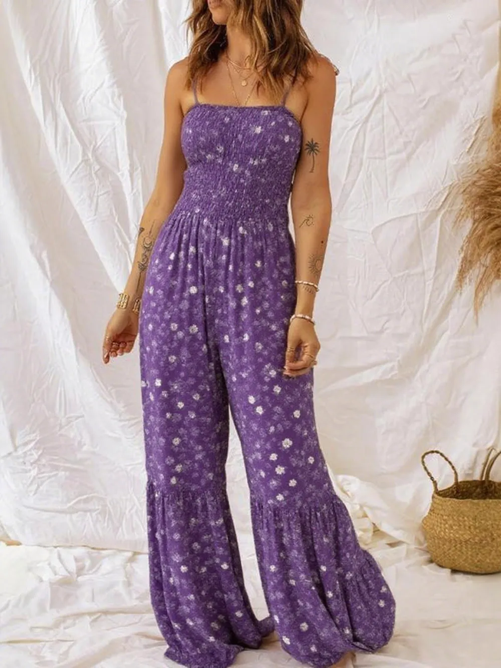 Women's Boho Floral Tie-Shoulder Wide-Leg Jumpsuit
