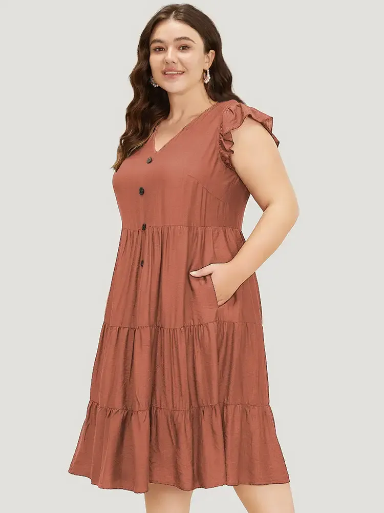 Plain Pocket Button Detail Ruffle Layered Hem Dress