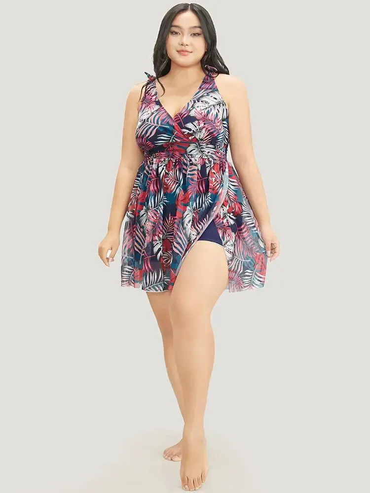 Tropical Print Bow Sculpt Waist Split Swim Dress