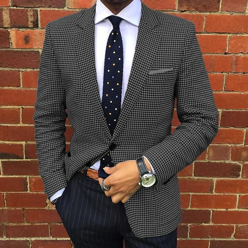 Men's Business Houndstooth Pattern Button Notch Lapel Blazer