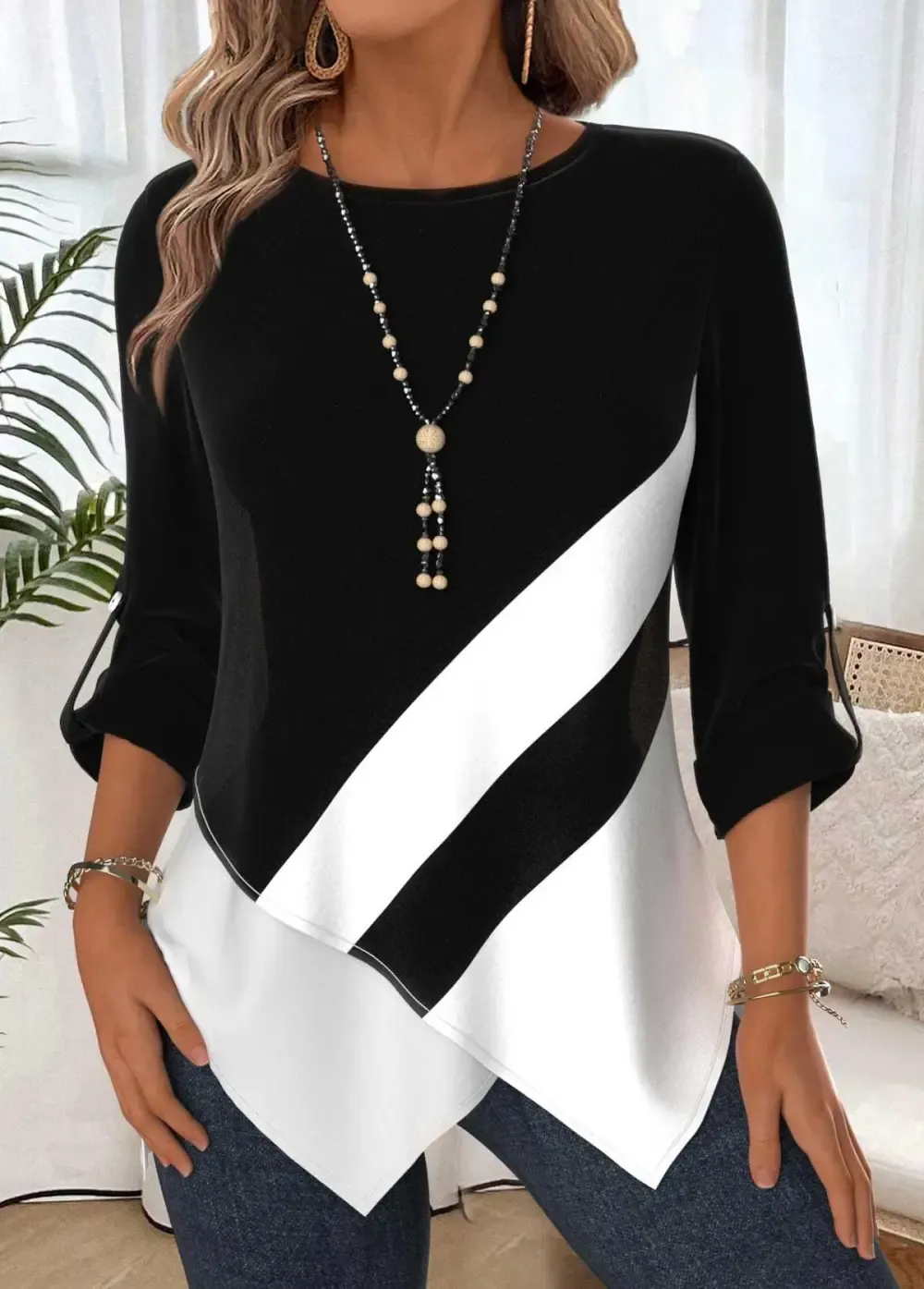 Black Tummy Coverage Geometric Print Long Sleeve Blouse