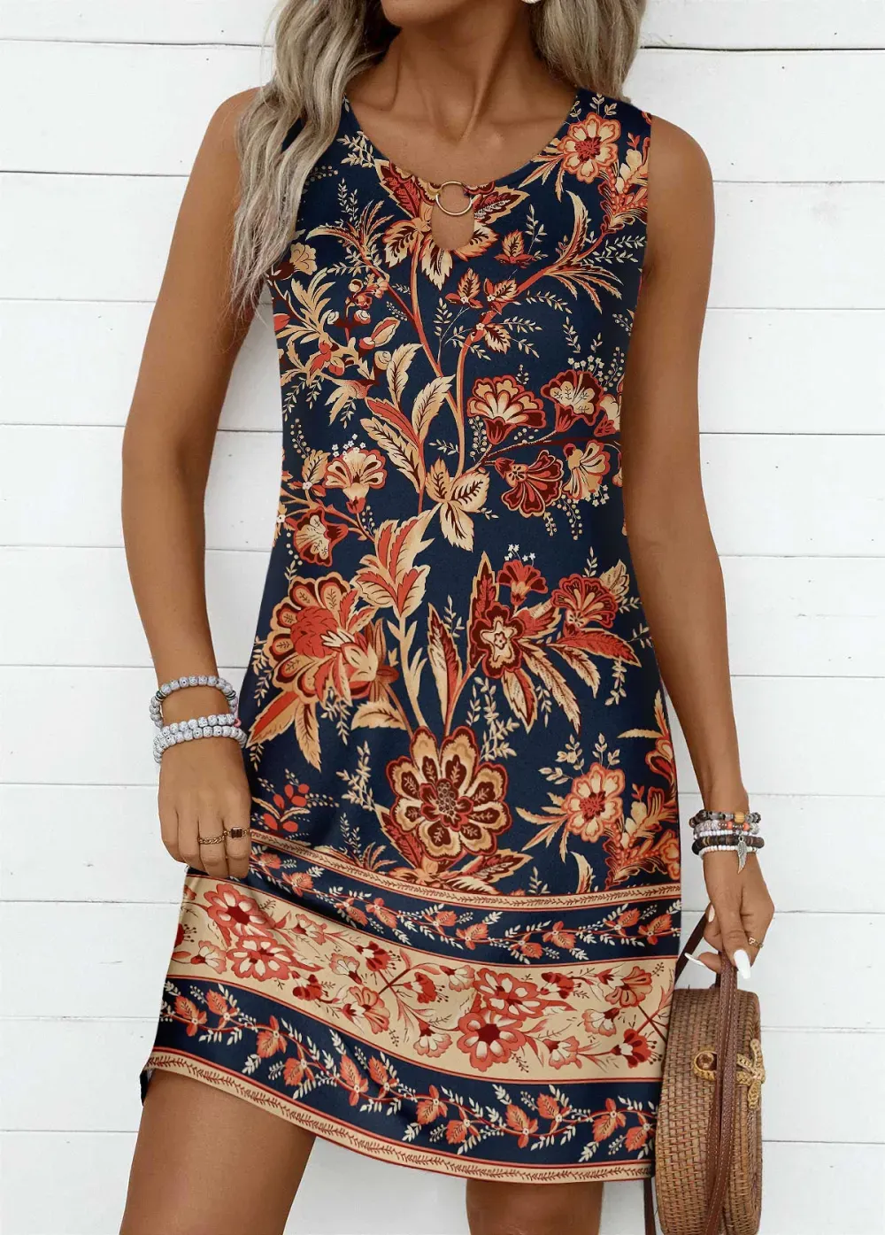 Dark Blue Circular Ring Floral Print Sleeveless Dress