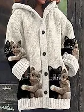 Women's Sweater Cardigan Casual Soft Animal Ribbed Hooded Pocket Buttons Knitted Long Sleeve Long Tops Knit Outdoor Daily Weekend Pink Blue Fall Winter