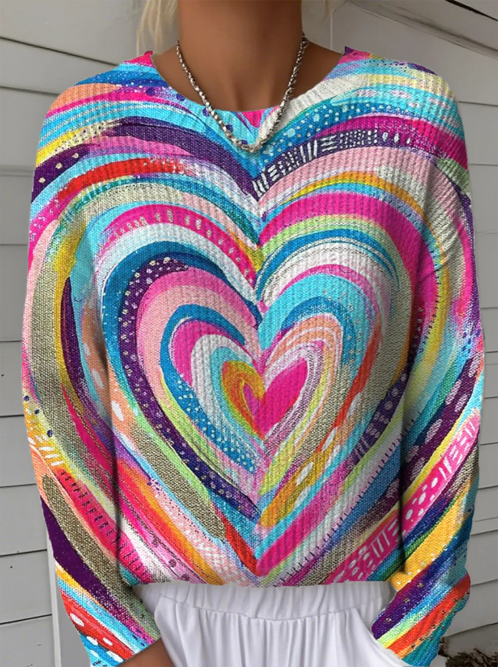 Women's Line Pattern Crew Neck Sweater Casual Comfort Regular Pullover Sweatshirt