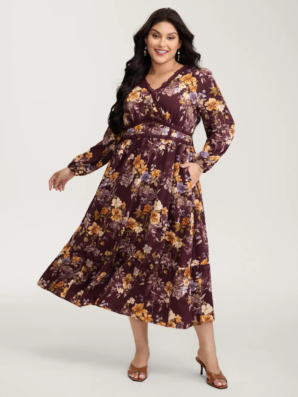 Floral Lace Print Pockets Maxi Dress