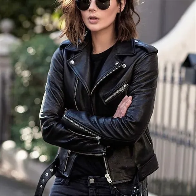 Women's Faux Leather Jacket Comfortable Full Zip Fashion Street Style Plain Outdoor Casual Daily Regular Turndown Regular Fit Long Sleeve Outerwear Silver Black Pink Spring Fall