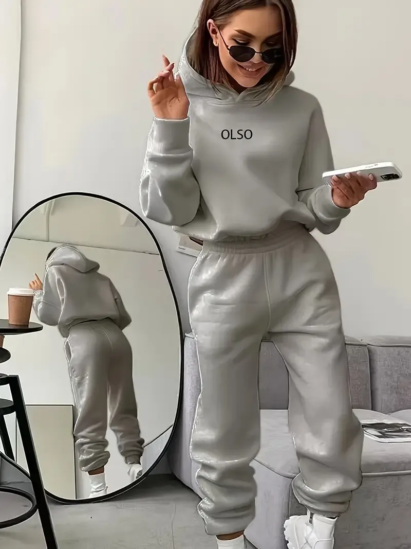 Casual Two-piece Set, Letter Print Long Sleeve Hooded Sweatshirt & Elastic Waist Sweatpants Outfits, Women's Clothing